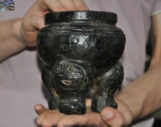 5 " China Hongshan Culture Old Jade Carved Pot 3 Foot Tripod Incense Burner Censer