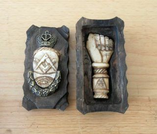 Hand Carved Vintage Masonic Bone Wax Seal In Wooden Coffin Box