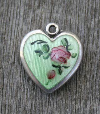 Vintage Sterling Silver Puffy Heart Charm - Lampl Green Guilloche & Pink Roses