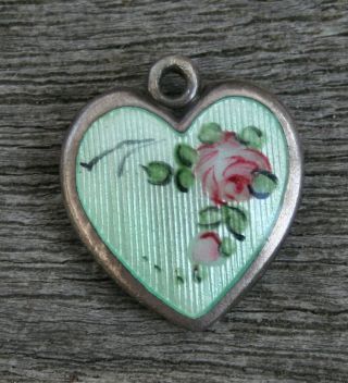 Vintage Sterling Puffy Heart Charm - Lampl Guilloche Green Enamel & Pink Roses