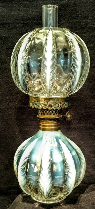 Miniature Lamp Antique Opalescent Feather Pattern 8 " Oil / Kerosene Late 1800 