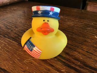 Vintage Yellow Rubber Ducky Duck Patriotic Hat & American Flag Baby Bathtub Toy