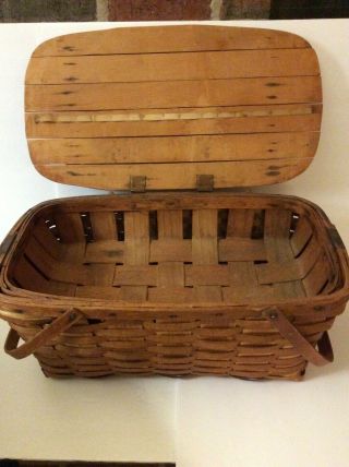 Antique Vintage Wooden Woven Picnic Basket Wood Top With Removable Insert Tray