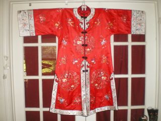Fine Old Chinese Red Silk Long Jacket/robe W/embroidered Garden Swords Bats Sz L