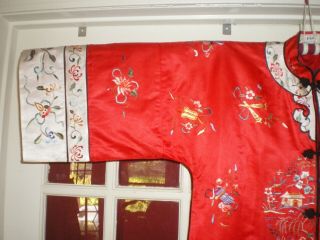 FINE Old Chinese Red Silk LONG Jacket/Robe w/Embroidered Garden Swords Bats sz L 2