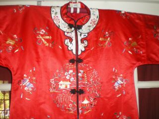 FINE Old Chinese Red Silk LONG Jacket/Robe w/Embroidered Garden Swords Bats sz L 3