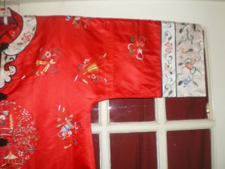 FINE Old Chinese Red Silk LONG Jacket/Robe w/Embroidered Garden Swords Bats sz L 4