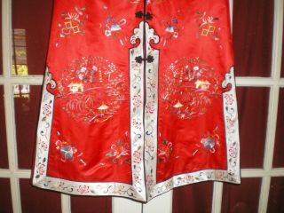 FINE Old Chinese Red Silk LONG Jacket/Robe w/Embroidered Garden Swords Bats sz L 5