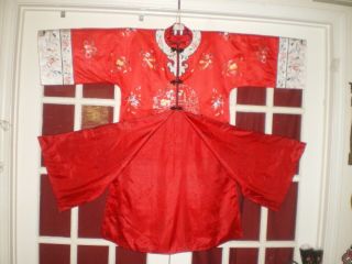 FINE Old Chinese Red Silk LONG Jacket/Robe w/Embroidered Garden Swords Bats sz L 6