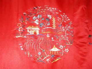 FINE Old Chinese Red Silk LONG Jacket/Robe w/Embroidered Garden Swords Bats sz L 7