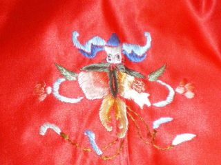FINE Old Chinese Red Silk LONG Jacket/Robe w/Embroidered Garden Swords Bats sz L 8