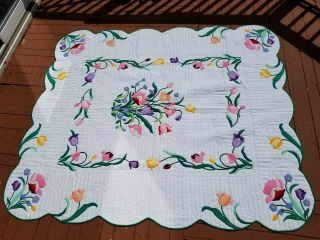 Vintage All Handstitched Quilt Applique,  Handmade 60x80 Approx.  Fits Queen