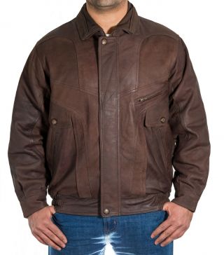 Mens Brown Italian Vintage Leather Classic Casual Retro Bomber Blouson Jacket