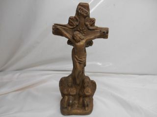 Antique Religious Chalkware Crucifix Statue Jesus Angels Cross Old Vtg