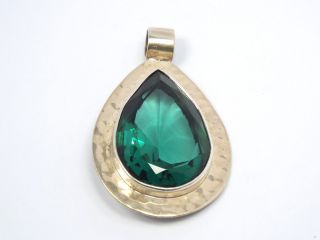 Vtg Taxco Mexico Hammered Sterling Silver Border & Faceted Green Glass Pendant 2