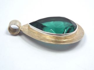 Vtg Taxco Mexico Hammered Sterling Silver Border & Faceted Green Glass Pendant 3