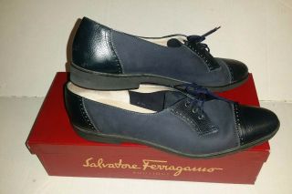 Ferragamo Navy Blue Tie Up Vintage Style Brogue Low 1 " Heel Size 8.  5 Aaaa Narrow