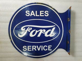 Ford Sales Service 2 Sided 18 X 17 Inches Vintage Enamel Sign Flange