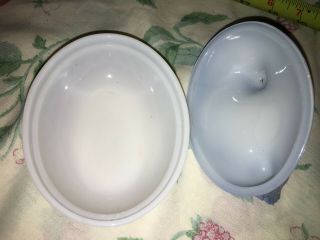 2 Rare VTG HAZEL ATLAS Opalescent Milk Glass CHICKEN HEN on NEST Pink Blue 4.  5 
