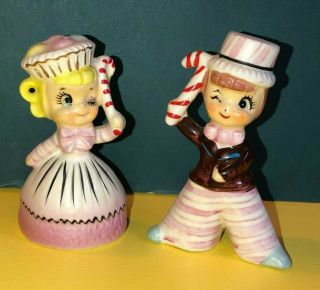 Vintage Enesco Sweet Shoppe Winking Pink Candy Cane Girl Boy Salt Pepper Shakers