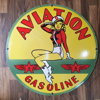 Aviation Gasoline Vintage Porcelain Sign 30 Inches Round