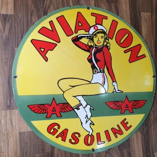 AVIATION GASOLINE VINTAGE PORCELAIN SIGN 30 INCHES ROUND 3