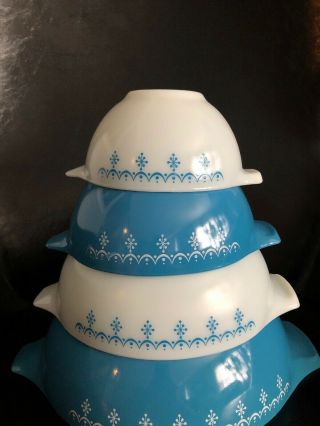 Vintage Pyrex Snowflake Blue Garland Cinderella Mixing Bowls 441 - 444 SET OF 4 2
