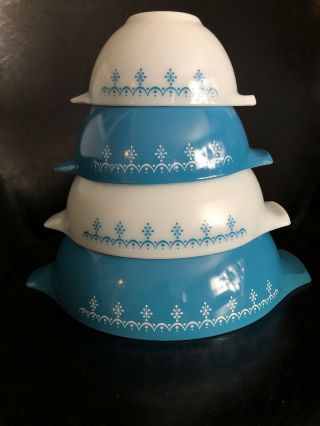 Vintage Pyrex Snowflake Blue Garland Cinderella Mixing Bowls 441 - 444 SET OF 4 3
