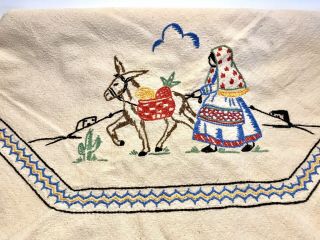 Vintage Hand Embroidered Mexican Table Cloth With Girl,  Donkey Crocheted Trim
