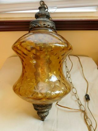 Vintage Retro Mid Century Amber Gold Hanging Swag Lamp Light Hand Blown Glass