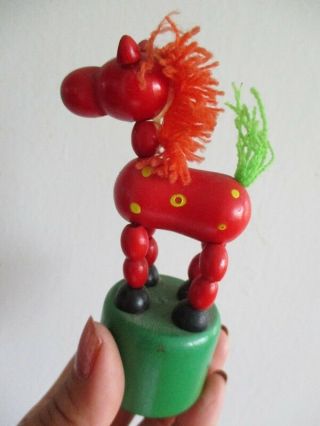 1970s red wooden pony push up puppet wood toy Antique style joinyed horse doll 2
