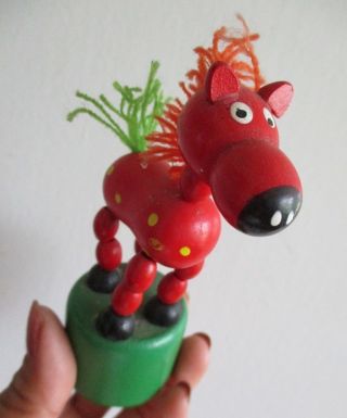 1970s red wooden pony push up puppet wood toy Antique style joinyed horse doll 3