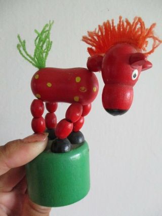 1970s red wooden pony push up puppet wood toy Antique style joinyed horse doll 4