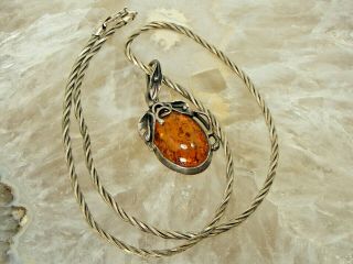 925 Sterling Silver Vintage Honey Baltic Amber Calla Lily Vine Necklace 16 "