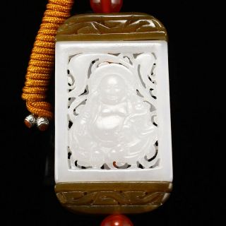 Openwork Chinese Hetian Jade Laughing Buddha Pendant W Certificate