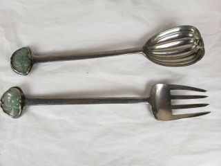 Set Of Two Antique Chinese Pewter / Jade / Bronze Utencils