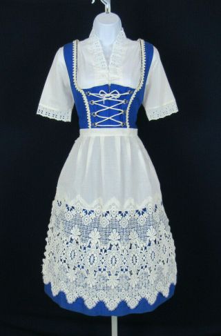 Vtg 1960s 70s Rose Dirndl Made Bavaria With Apron & Top Blue White Lace 12 Us