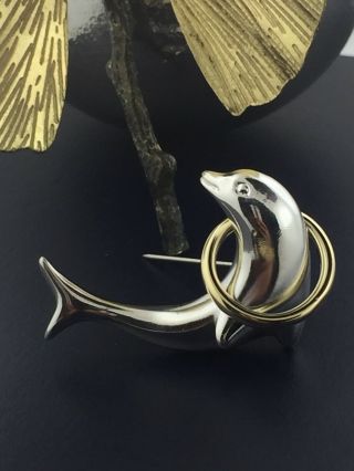Vintage Tiffany & Co.  18k Gold 925 Silver Dolphin Brooch Pin