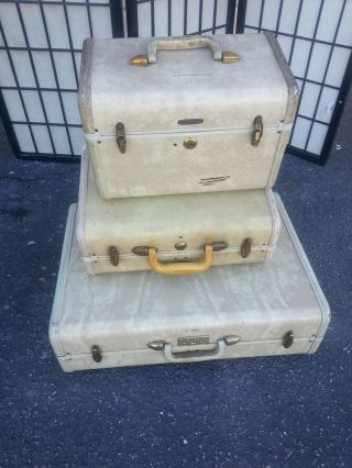 Vintage Set 3 Samsonite Beige Luggage Overnight Suitcase Train Case Makeup Bag