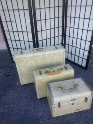 Vintage Set 3 Samsonite Beige Luggage Overnight Suitcase Train Case Makeup Bag 2