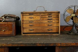 Vintage Wood Machinist Tool Box Chest 8 Drawers Jewelry Trinket Pocket Watch Box
