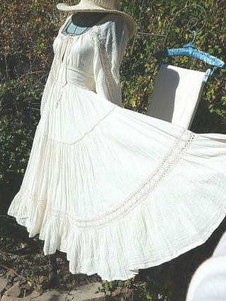 Vintage Gunne Sax Gauze Dress,  Hat,  Wrap Off White Lace Prairie Peasant Wedding