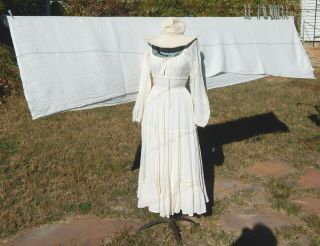 Vintage Gunne Sax Gauze Dress,  Hat,  Wrap off white Lace Prairie Peasant Wedding 4