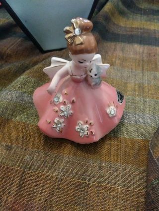Josef Originals Figurine Adorable Girl In Pink Dress With Gray Kitten Vintage