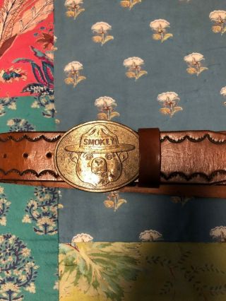 Smokey The Bear Leather Belt And Buckle Vintage Rare B - 531 Brass Smoky Rare