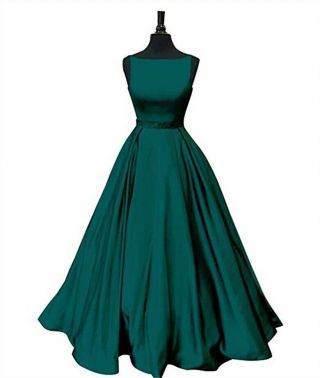 Vintage A Line Long Formal Evening Dress Beads Satin Prom Ball Gown With Pockets