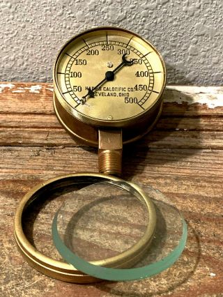 Vintage 1930s AL Brass Pressure Gauge,  Thick Beveled Glass Len Steampunk Antique 4