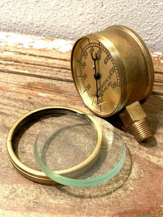 Vintage 1930s AL Brass Pressure Gauge,  Thick Beveled Glass Len Steampunk Antique 6