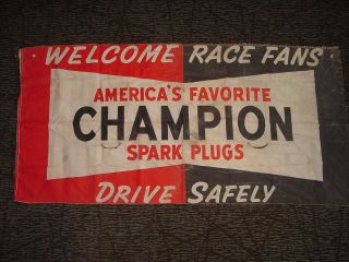Vintage 1940s Champion Spark Plug Drag Race Hydroplane Racing Canvas Banner Sign