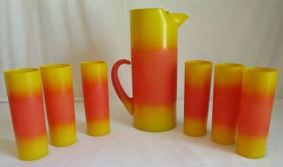 Vintage West Virginia Glass Frosted Blendo Pitcher With 6 Tall Glasses